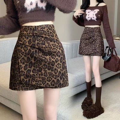 麂皮绒短裙豹纹半身裙秋冬季