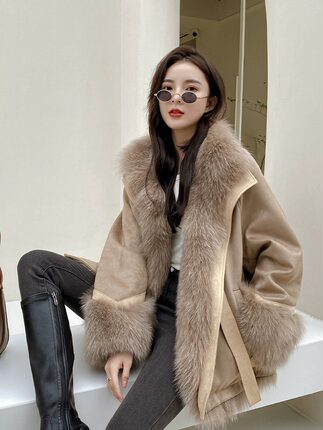 麂皮绒拼接仿狐狸毛皮草内胆派克服外套女中长款2025新小个子年轻
