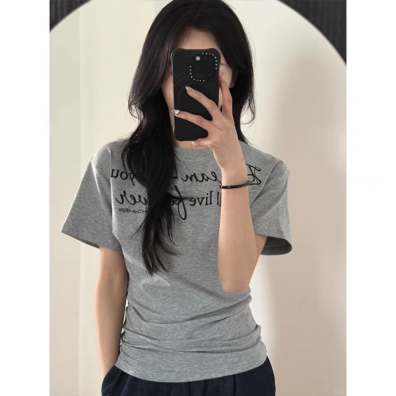 Moses Queen花灰色短袖t恤女穿搭2025夏新款修身chin设计感上衣