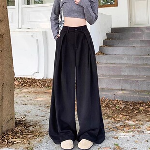 新款毛呢西装阔腿裤女秋冬季加长高个子百搭直筒拖地裤休闲长裤