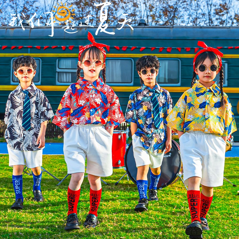 六一儿童舞蹈服复古怀旧港风花衬衫短裤幼儿园小学生班服啦啦队服