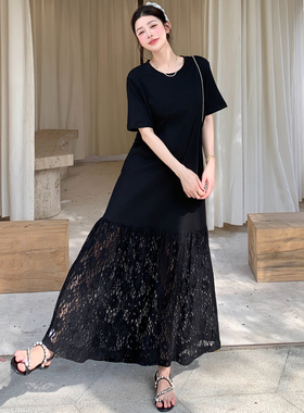 梨型身材宽松休闲黑色连衣裙女夏季蕾丝裙摆拼接设计感直筒T恤裙