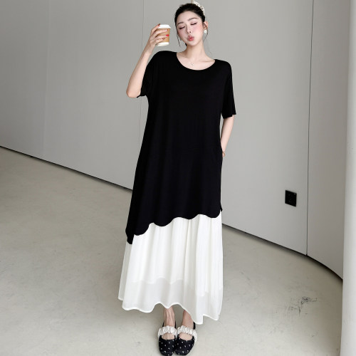 巨显瘦宽松遮肉撞色裙子女夏季新款时尚休闲长款过膝假两件连衣裙