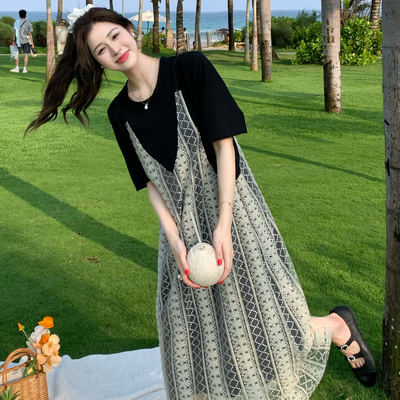 设计感拼接假两件吊带T恤裙女夏新款大码宽松胖mm显瘦短袖连衣裙