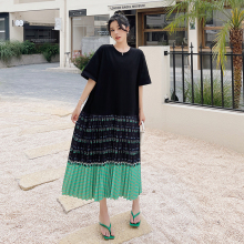 夏季新款大码女装200斤胖妹妹宽松显瘦拼接裙摆假两件短袖连衣裙