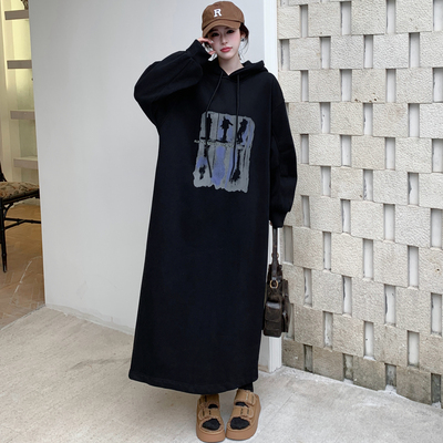 2025冬季新款胖mm大码女装韩版复古字母长款连帽加绒卫衣连衣裙子