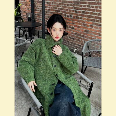 法式复古气质粗针宽松绿色针织开