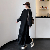 大码 打底简约连衣裙子 胖mm拼接加长款 宽松鱼尾卫衣裙女秋冬季 新款
