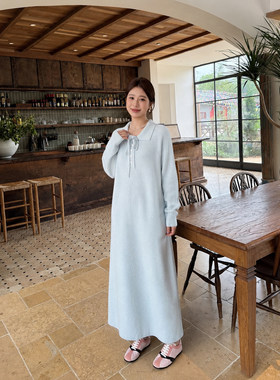 秋冬新款针织连衣裙女长款宽松遮肉翻领系带长袖韩系温柔气质长裙