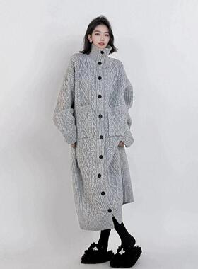 长款开衫大衣灰色慵懒大毛衣裙女秋冬过膝高领大码针织连衣裙加厚