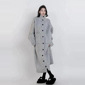 长款开衫大衣灰色慵懒大毛衣裙女秋冬过膝高领大码针织连衣裙加厚