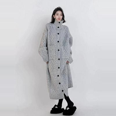 长款开衫大衣灰色慵懒大毛衣裙女秋冬过膝高领大码针织连衣裙加厚