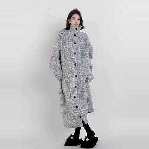 长款开衫大衣灰色慵懒大毛衣裙女秋冬过膝高领大码针织连衣裙加厚