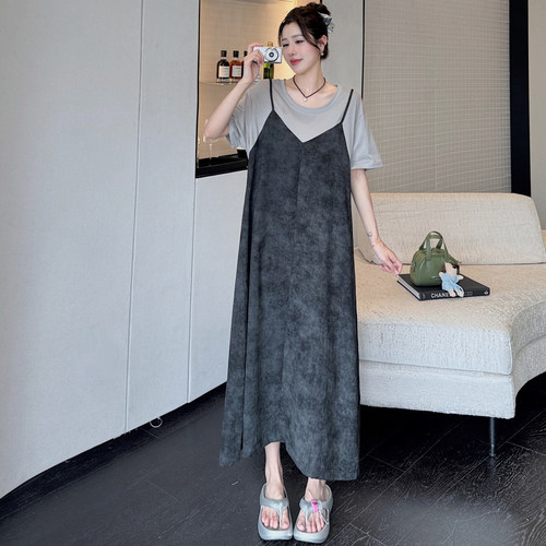 胖mm法式假两件吊带T恤连衣裙女夏季新款大码宽松显瘦遮肉长裙子