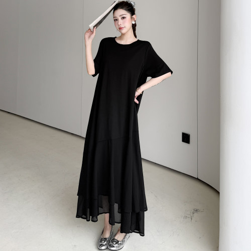 法式赫本风短袖鱼尾连衣裙女夏季新款胖mm小众设计感宽松显瘦长裙
