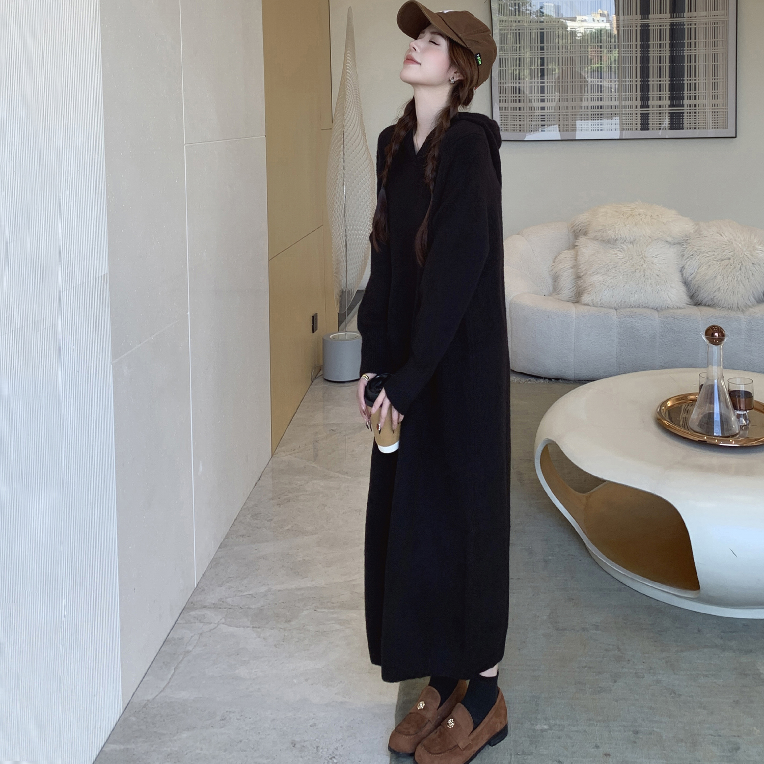 秋冬新款长款打底针织连衣裙女2025胖mm配大衣内搭宽松连帽长裙子