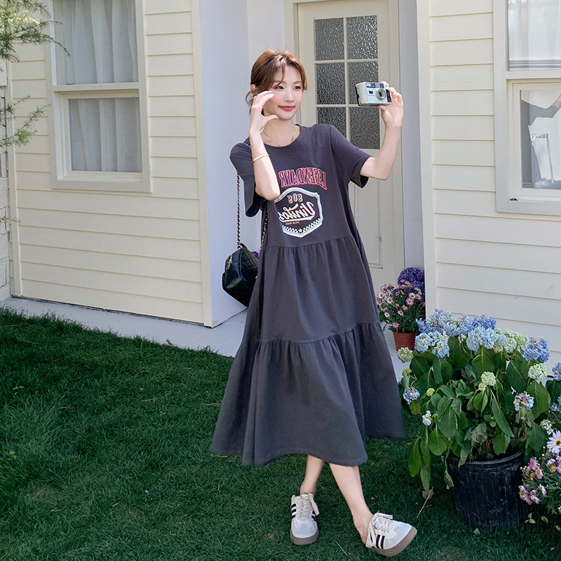 印花短袖连衣裙女中长款2026夏季韩系休闲高腰大码宽松显瘦裙子潮