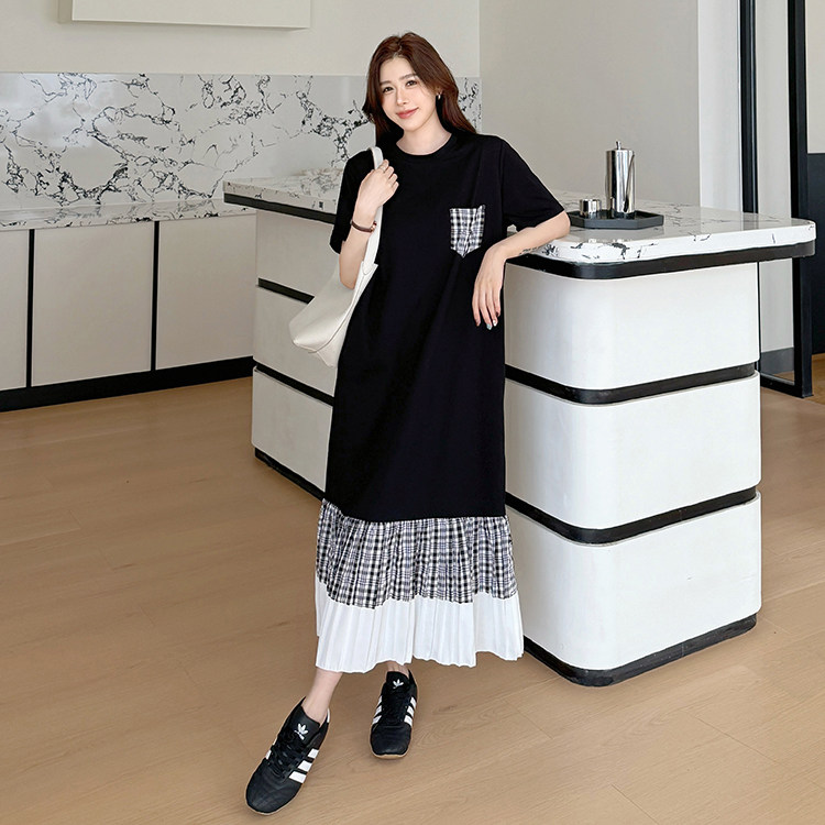 宽松显瘦遮肉学院风拼接压褶裙摆口袋短袖连衣裙夏装新款过膝长裙