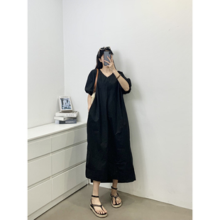 短袖 夏裝 新款 V領(lǐng)顯瘦過膝長裙子2025胖mm寬松顯瘦休閑時(shí)尚 連衣裙