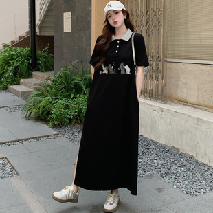卡通印花Polo领短袖连衣裙女夏季大码宽松韩系宽松直筒T恤长裙子