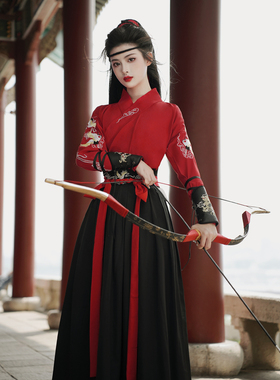 原创侠客汉服女中国风红色舞蹈演出服秋冬武侠古装帅气初中生全套