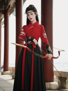 原创侠客汉服女中国风红色舞蹈演出服秋冬武侠古装帅气初中生全套