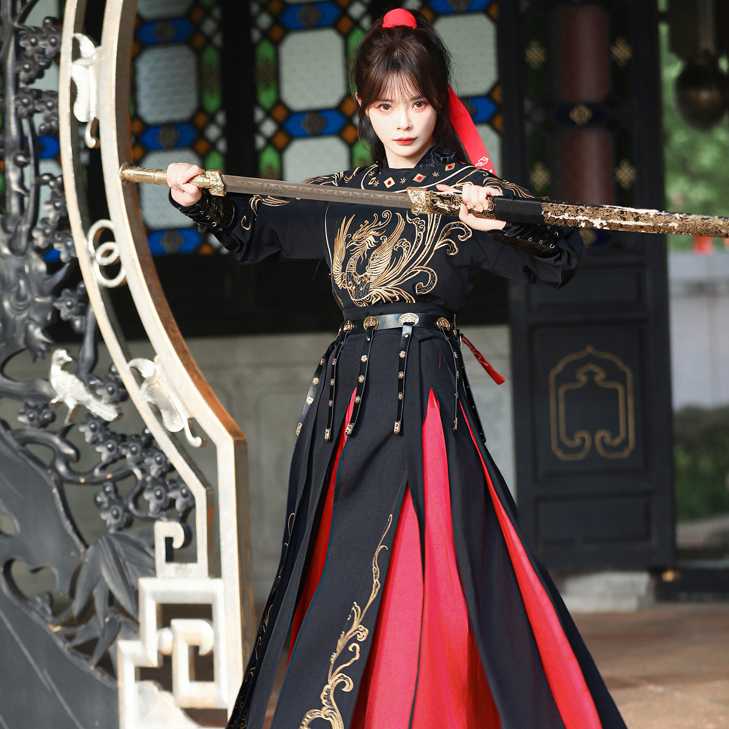 秋冬黑红武侠风汉服CP装重工刺绣