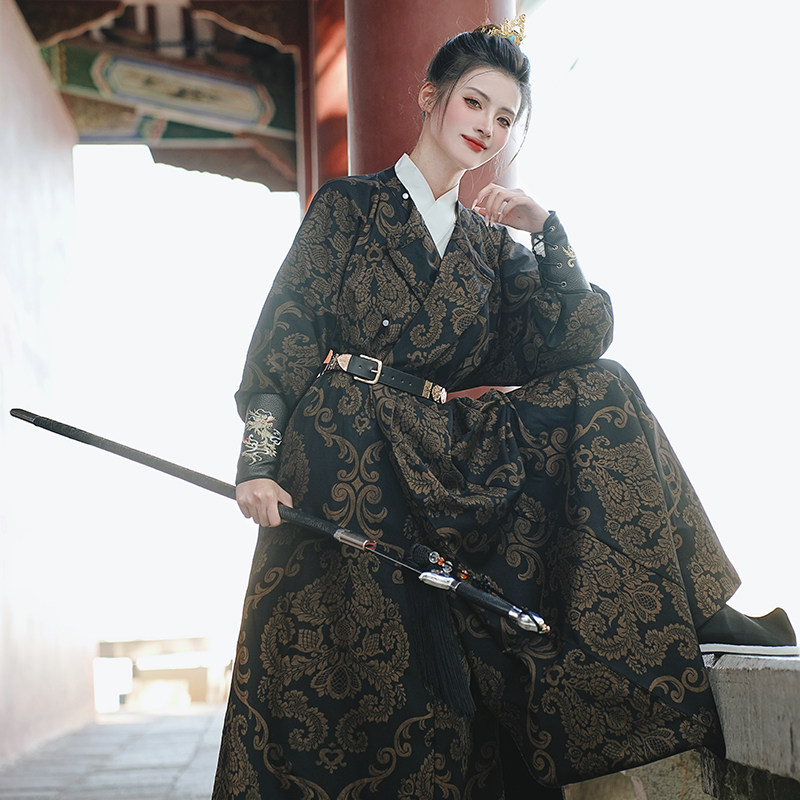 原创汉服鎏金提花两穿圆领袍子武侠风情侣装CP大码中性外套