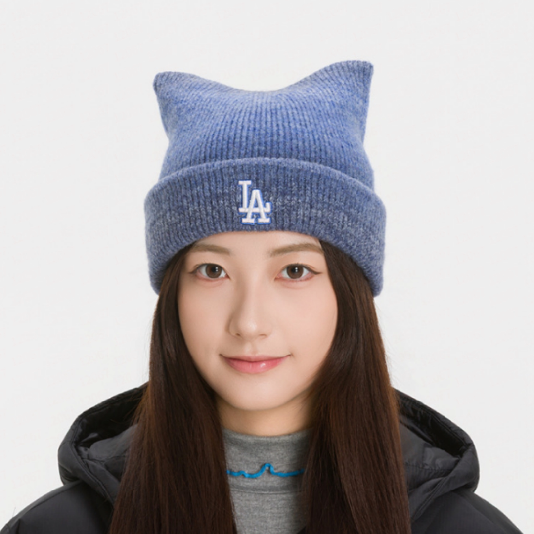 MLB男女童帽子冬季新款精致刺绣LOGO渐变童趣猫耳针织帽7ABNB0566
