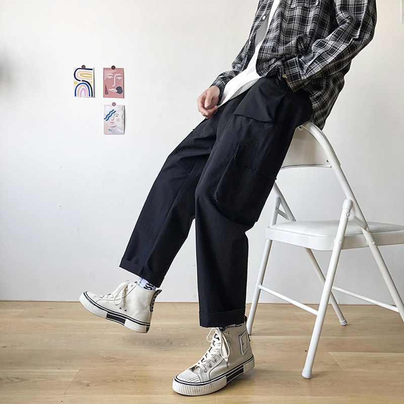 男士超低休闲裤工作聚酯纤维裤子男耐磨结实日系阔腿裤工装裤夏季