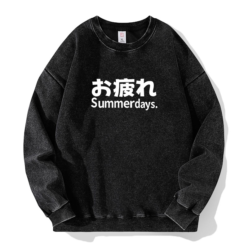 お疲れSummer days夏天辛苦了水洗落肩袖薄款卫衣衫男女秋季新款