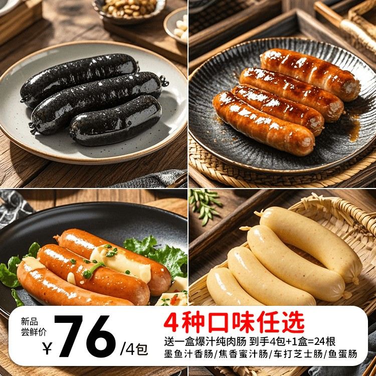 知味大师烤肠组合4包+爆汁纯肉肠1盒墨鱼汁肠鱼蛋肠车打芝士肠