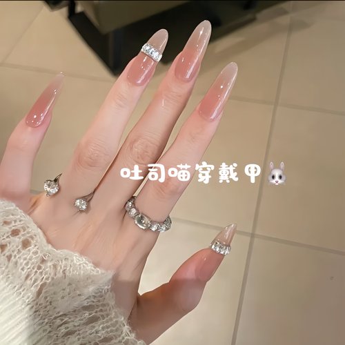 高颜值尖型手工穿戴甲裸色指环中长款显肤白温柔韩式美甲新款甲片