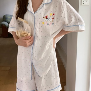 实拍ins夏季 可外穿 新款 双层棉纱甜美家居服睡衣套装