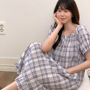 宽松系带清新格子家居服睡裙连衣裙可外穿 实拍INS夏季