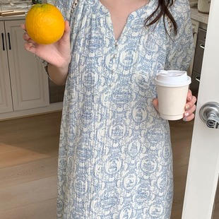 实拍ins夏季 甜美印花居家外穿睡裙连衣裙 新款 纯棉棉纱宽松大码