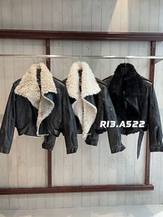 R13十三行正品2025秋冬新款小众设计气质羊羔毛大翻领加厚皮衣女