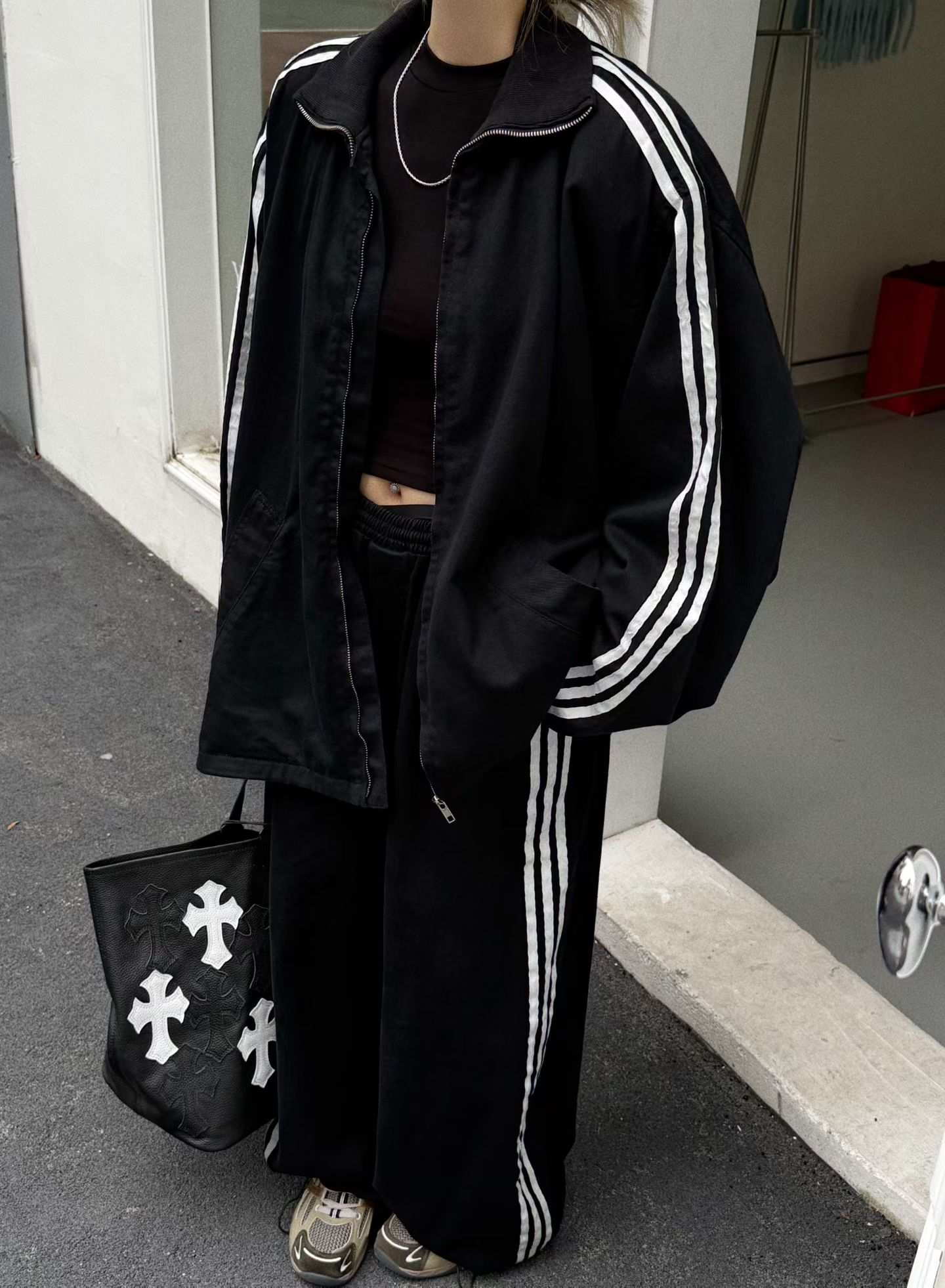 GOD财神2025秋冬新款韩系宽松大版三条杠重工牛仔套装男女同款潮