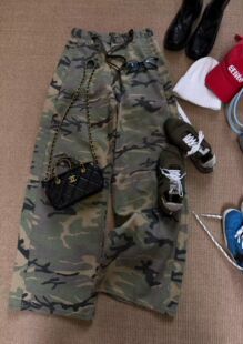 女抽绳宽松阔腿裤 GOD财神2026春款 裤 复古迷彩工装 显瘦百搭潮 美式