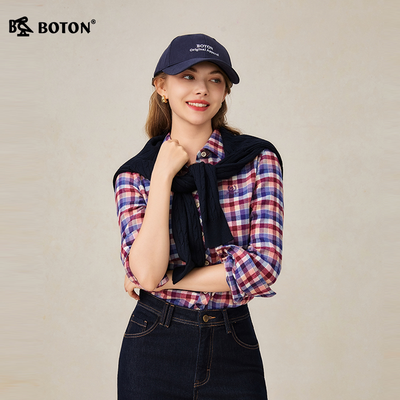 Boton/波顿女装梭织合身翻领全开襟磨毛长袖衬衫