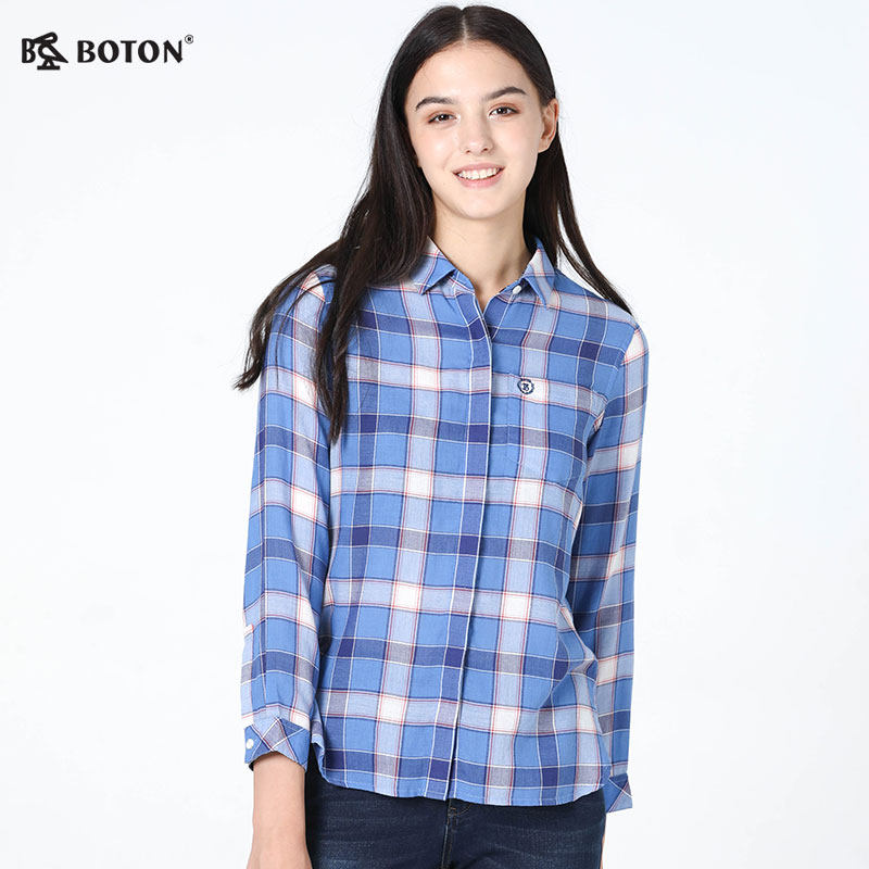 Boton/波顿2018年新款两色格子秋冬长袖衬衫女装清新格仔衣