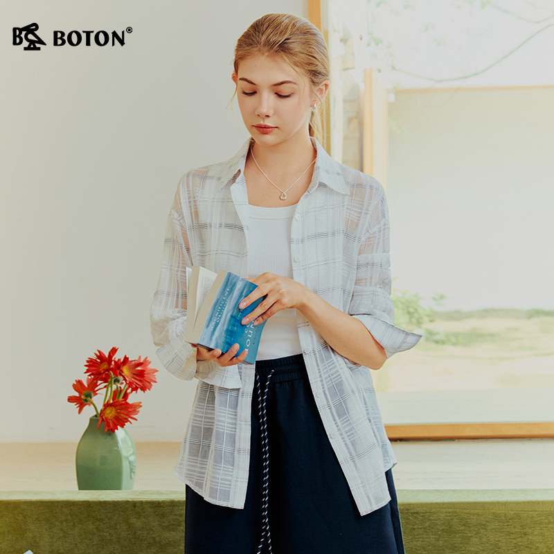 Boton/波顿女装梭织宽松翻领全开襟格仔长袖衬衫中长款透气格纹