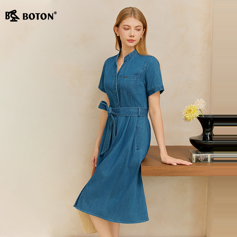 Boton/波顿2026年春夏季女装牛仔短袖连衣裙收腰立领修身版气质