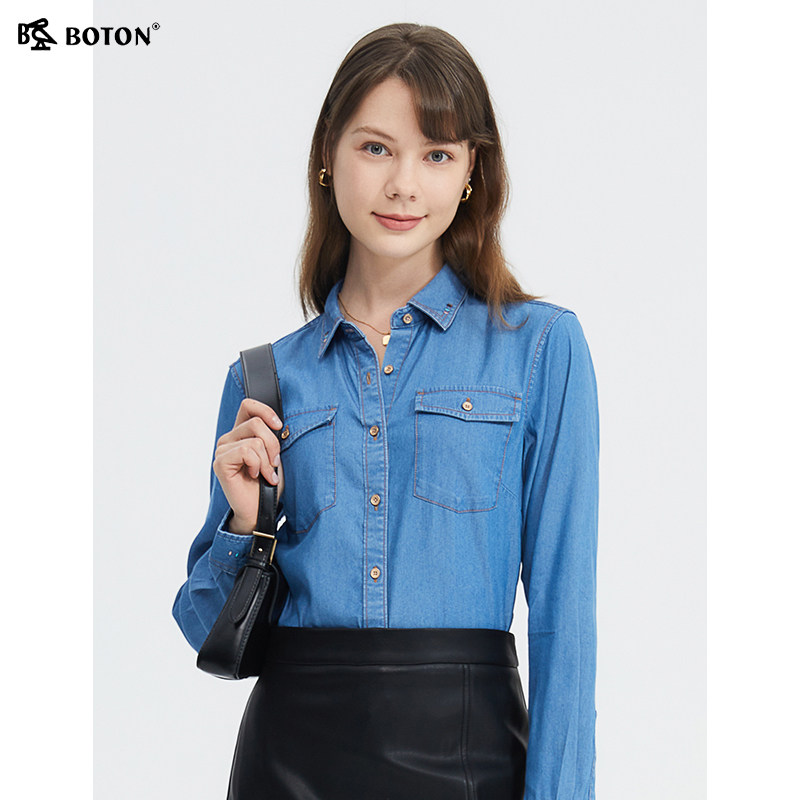 波顿女士工装风天丝牛仔长袖2025春夏新款衬衫美式休闲高端衬衣
