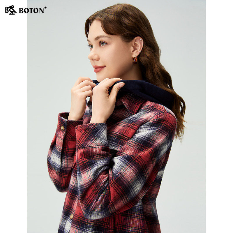 波顿秋季新款宽松可拆帽格子衬衫型外套修身百搭女士长袖磨毛衬衣