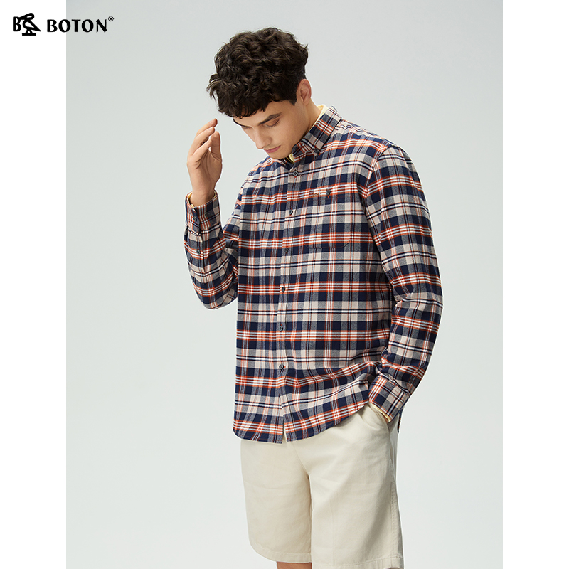 波顿修身中厚磨毛格子长袖衬衫