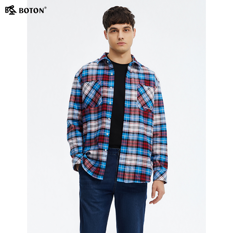 波顿2025春夏季新款男士长袖红蓝白色格子衬衫高端美式休闲衬衣
