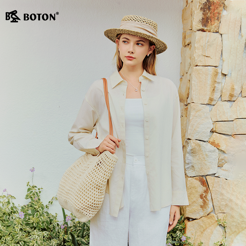 Boton/波顿女装梭织宽松翻领全开襟落肩净色长袖衬衫纽扣气质百搭
