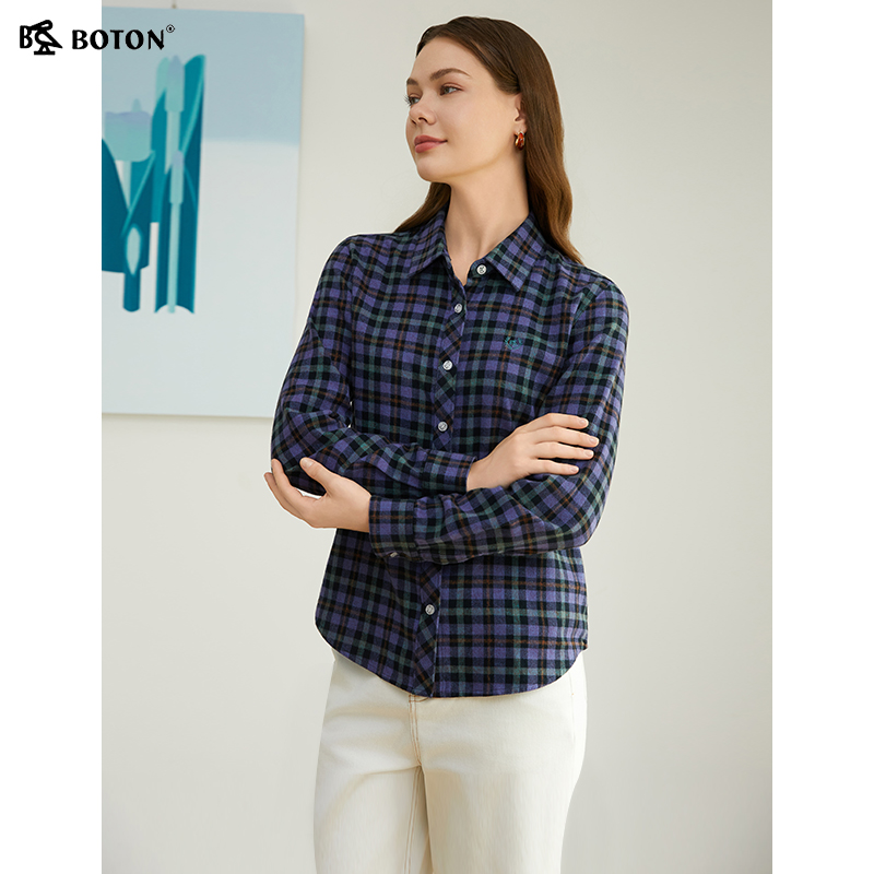 波顿翻领长袖磨毛格子全棉衬衫