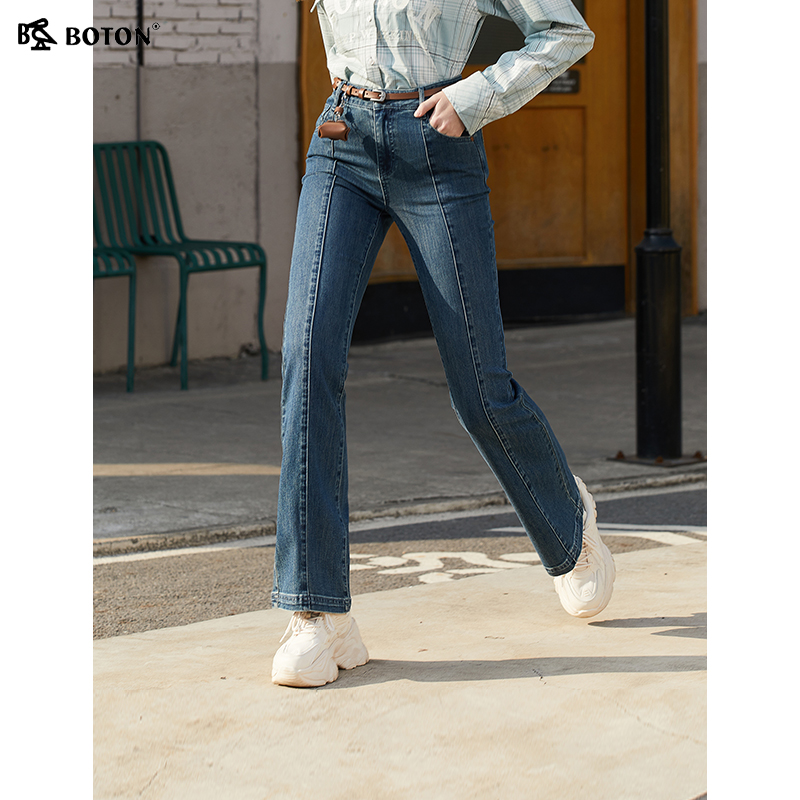 【复古挺括】波顿2025春夏新款女士紧身微喇牛仔长裤时尚修身百搭